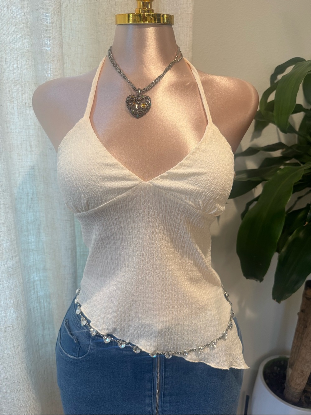 Y2K style Cream Halter V-Neck Women's Top